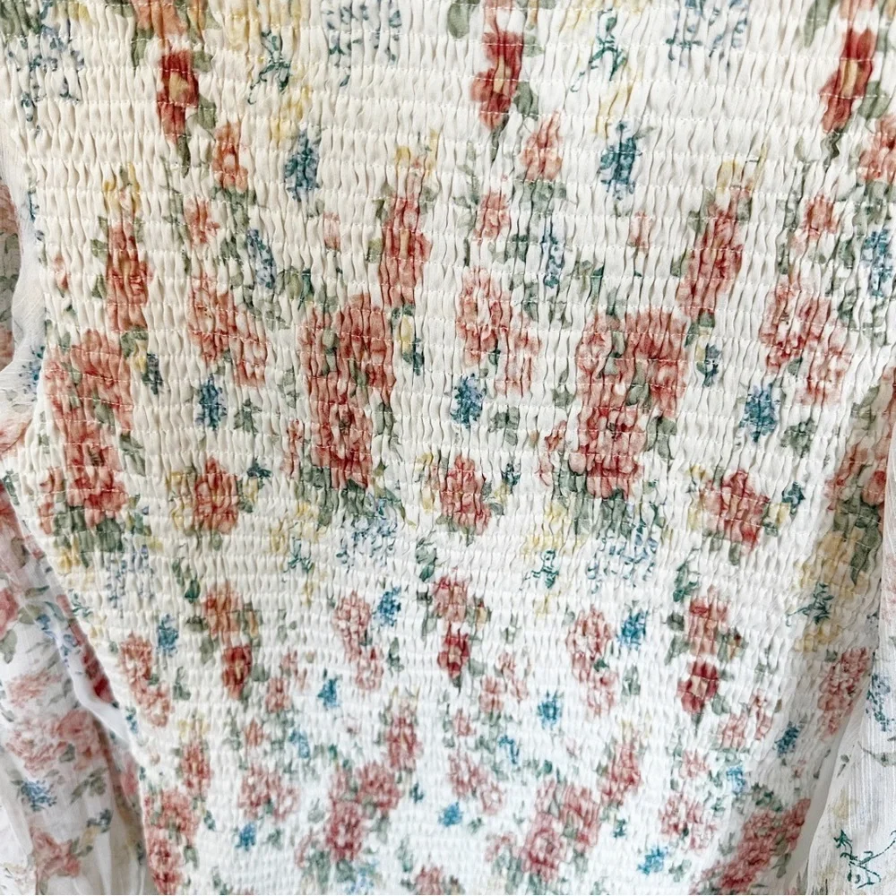 STORIA Womens Pastel Floral Smocked Chiffon Ruffle Teim Dress Long Sleeve Medium - Picture 8 of 11